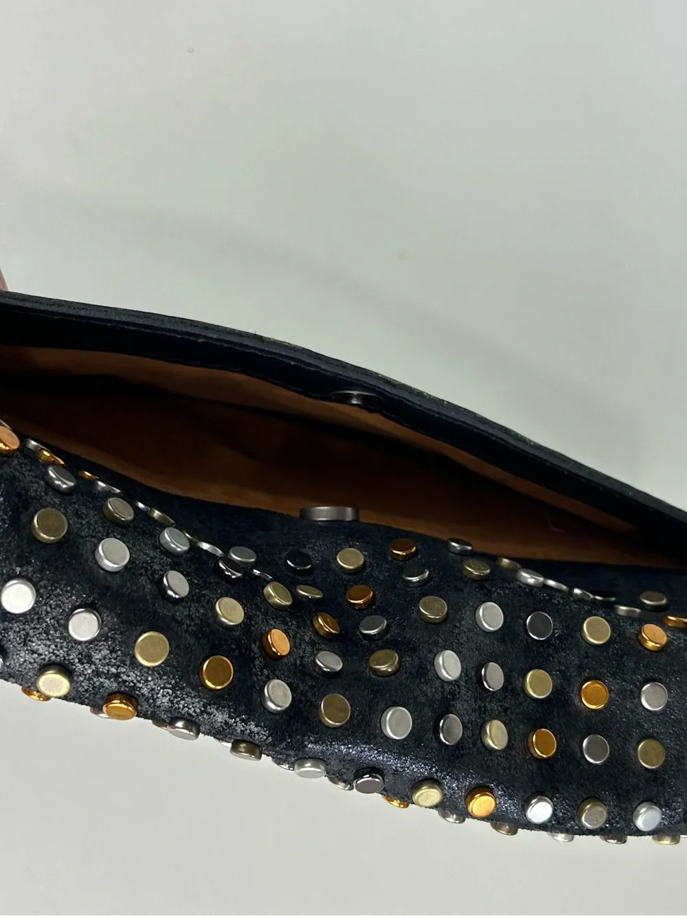 PATRICIA NASH BLACK STUDDED LEATHER LUISA FLAP CROSSBODY CLUTCH